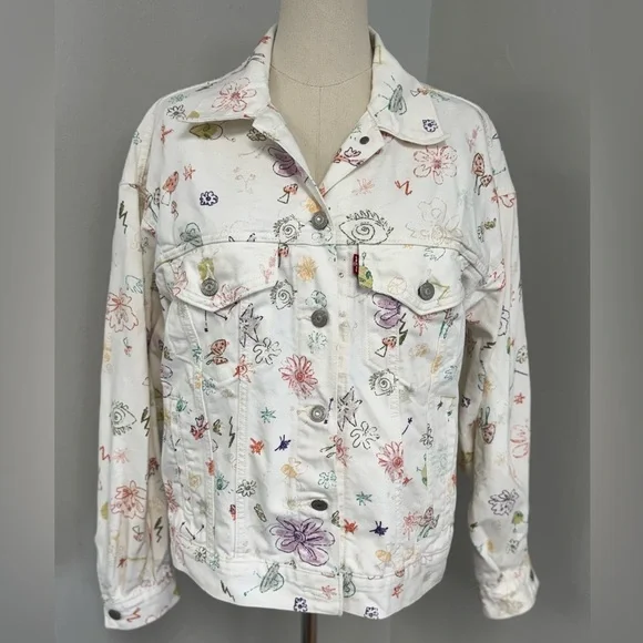 Levi's White Trucker Denim Jean Jacket All Over Print Floral size small - Picture 2 of 11